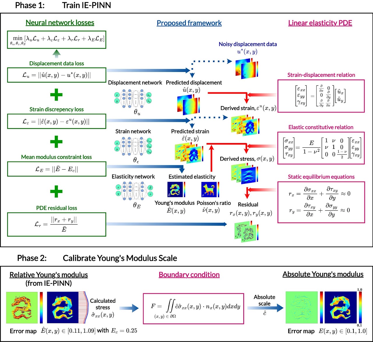 Research diagram: Physics-Informed Machine Learning to estimate heterogeneous stiffness (elastic moduli) of bones based on the bone deformation data